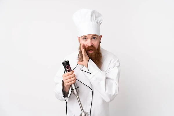 Redhead Man Using Hand Blender Isolated White Background Whispering Something — Stock Photo, Image