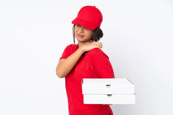 Jovem Pizza Entrega Menina Sobre Isolado Fundo Branco Sofrendo Dor — Fotografia de Stock