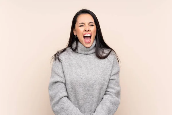 Young Colombian Girl Isolated Background Shouting Front Mouth Wide Open — Stok fotoğraf