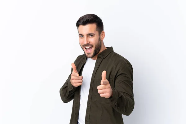 Homem Bonito Jovem Com Barba Sobre Fundo Branco Isolado Apontando — Fotografia de Stock