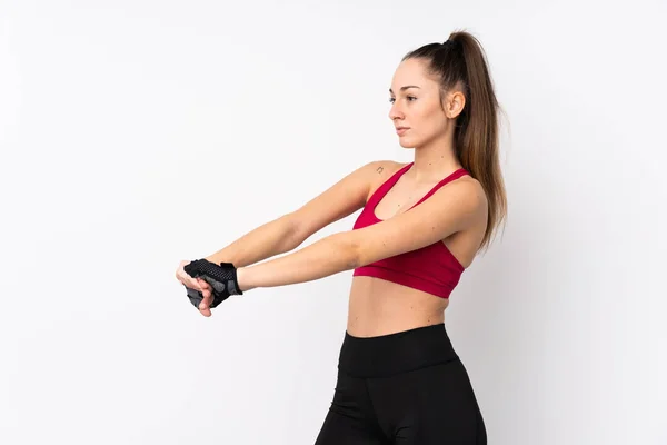 Jonge Sport Brunette Vrouw Geïsoleerde Witte Achtergrond Stretching — Stockfoto