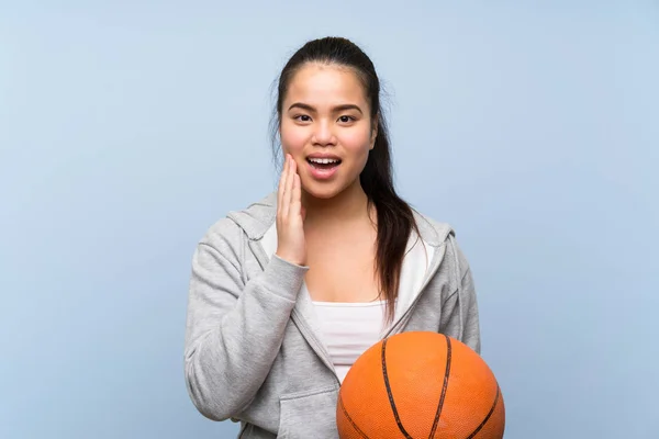 Young Asian Girl Playing Basketball Isolated Background Surprise Shocked Facial — 스톡 사진
