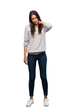 A full-length shot of a Young hispanic brunette woman with neckache over isolated white background