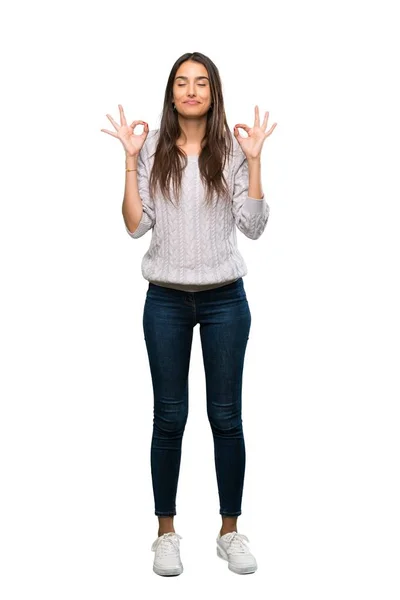Full Length Shot Young Hispanic Brunette Woman Zen Pose Isolated — Stockfoto
