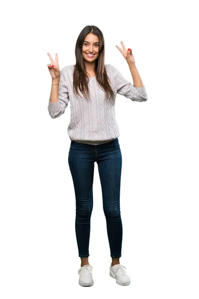 Full Length Shot Young Hispanic Brunette Woman Showing Victory Sign — Stockfoto