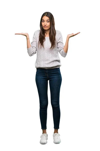 Full Length Shot Young Hispanic Brunette Woman Having Doubts While — Stock Photo, Image