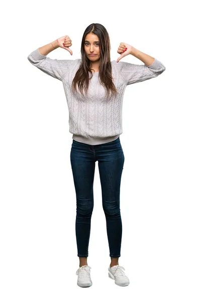 Full Length Shot Young Hispanic Brunette Woman Showing Thumb Isolated — Stockfoto