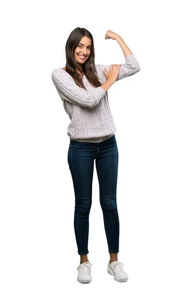 Full Length Shot Young Hispanic Brunette Woman Doing Strong Gesture — 스톡 사진