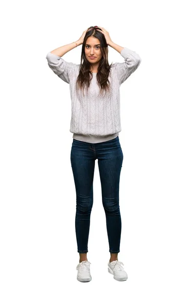 Full Length Shot Young Hispanic Brunette Woman Frustrated Takes Hands — Stok fotoğraf