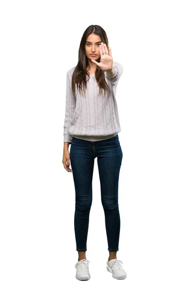 Full Length Shot Young Hispanic Brunette Woman Making Stop Gesture — 스톡 사진