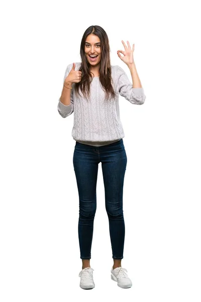 Full Length Shot Young Hispanic Brunette Woman Showing Sign Thumb — Stockfoto