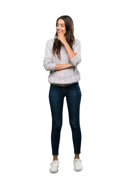 Full Length Shot Young Hispanic Brunette Woman Looking Side Isolated — Stok fotoğraf