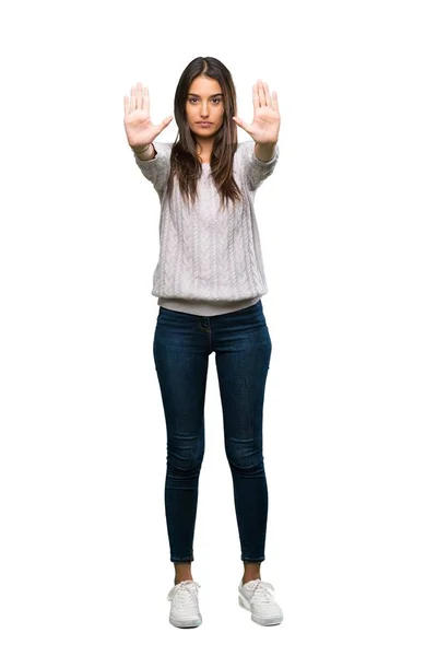 Full Length Shot Young Hispanic Brunette Woman Making Stop Gesture — Stock Photo, Image