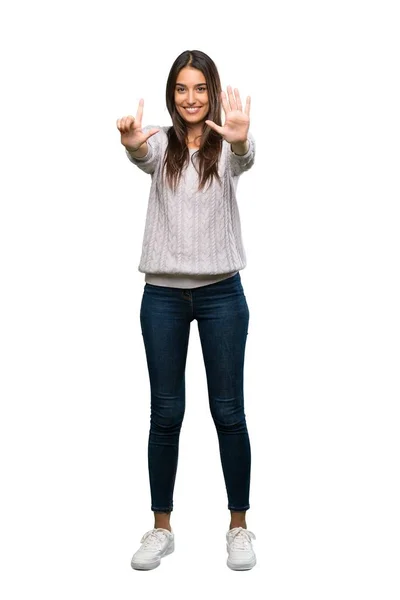 Full Length Shot Young Hispanic Brunette Woman Counting Seven Fingers — Stockfoto