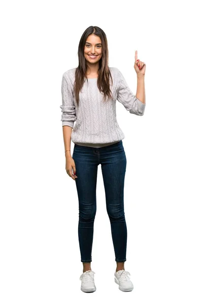 Uma Foto Completa Uma Jovem Morena Hispânica Mostrando Levantando Dedo — Fotografia de Stock