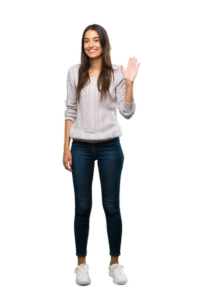 Full Length Shot Young Hispanic Brunette Woman Saluting Hand Happy — Stockfoto