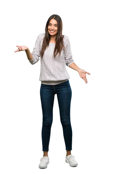 Full Length Shot Young Hispanic Brunette Woman Smiling Isolated White — Stock Photo, Image