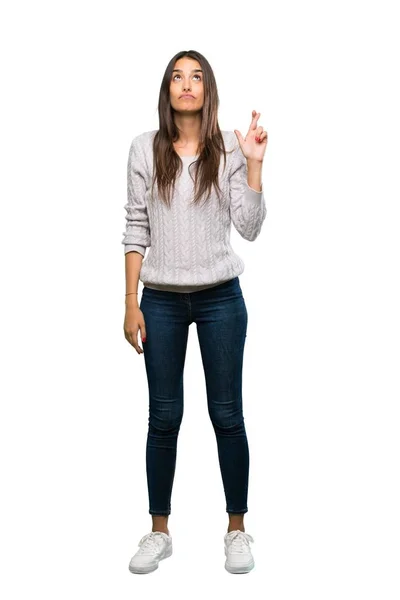 Full Length Shot Young Hispanic Brunette Woman Fingers Crossing Wishing — Stockfoto