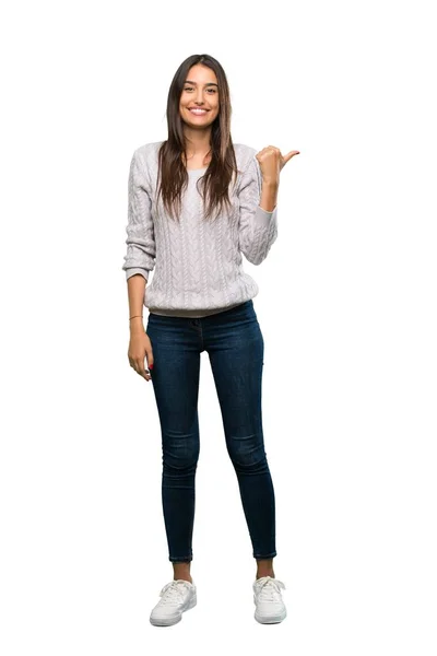 Full Length Shot Young Hispanic Brunette Woman Pointing Side Present — Stockfoto