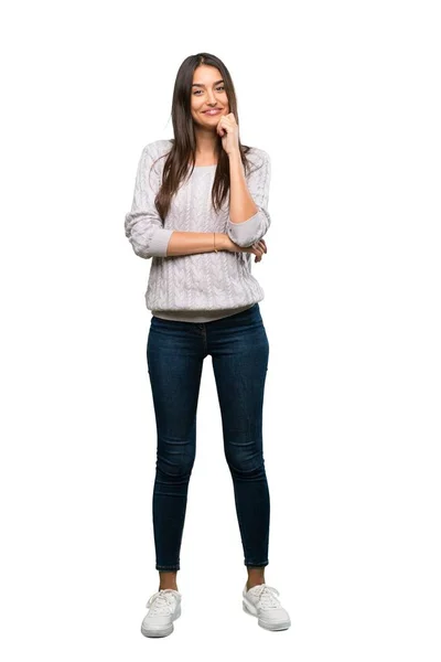 Full Length Shot Young Hispanic Brunette Woman Smiling Isolated White — Stockfoto