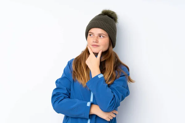 Ukrainian Teenager Girl Winter Hat Isolated White Background Thinking Idea — 스톡 사진