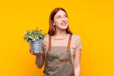 Genç kızıl saçlı bahçıvan kadın, sarı arka planda bir bitki tutuyor gülüyor ve yukarı bakıyor.