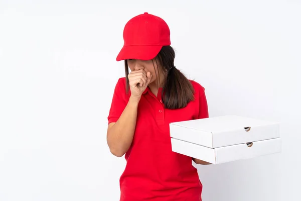 Jovem Pizza Entrega Menina Sobre Fundo Branco Isolado Está Sofrendo — Fotografia de Stock