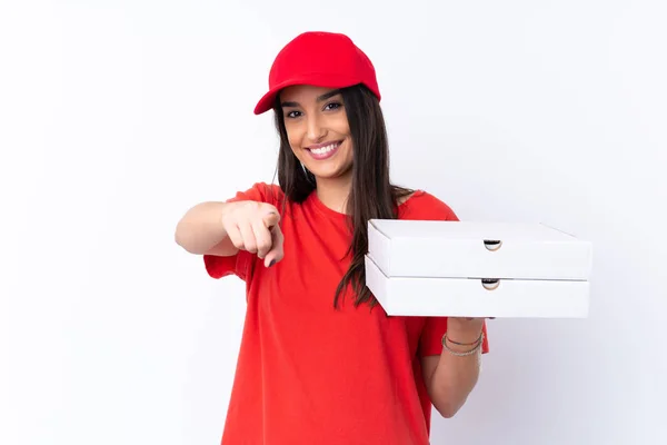 Entrega Pizza Mulher Segurando Uma Pizza Sobre Isolado Branco Parede — Fotografia de Stock