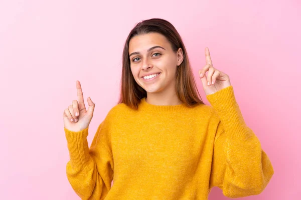 Teenager Girl Yellow Sweater Isolated Pink Background Pointing Great Idea — 스톡 사진