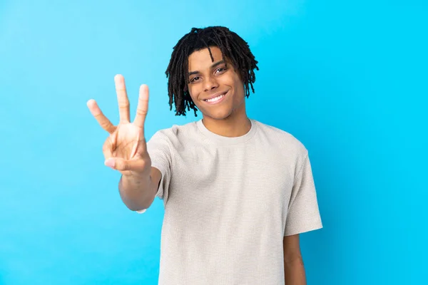 Young African American Man Isolated Blue Background Happy Counting Three — Stock Photo, Image