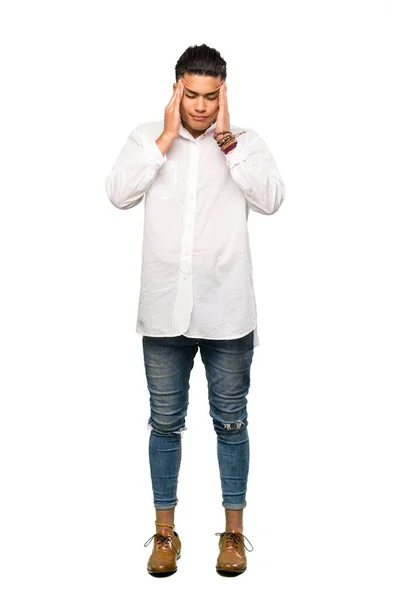 Full Length Shot Young Man Headache Isolated White Background — 스톡 사진