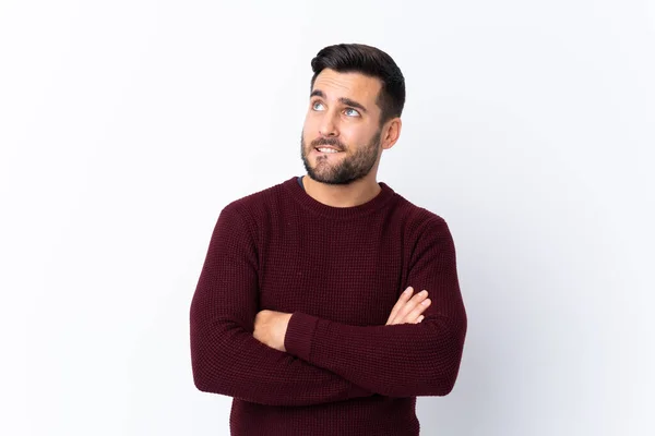 Joven Hombre Guapo Con Barba Sobre Fondo Blanco Aislado Con — Foto de Stock