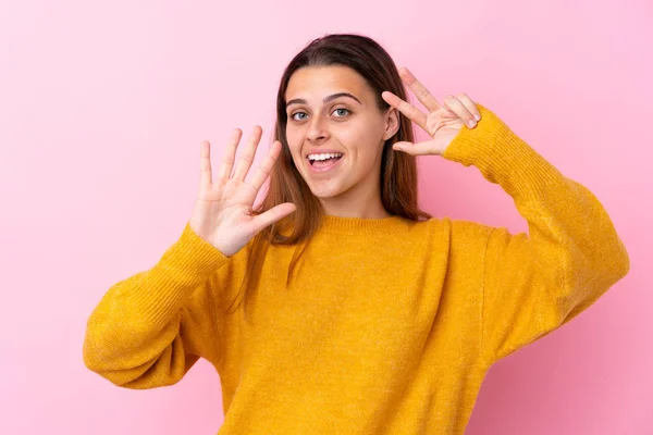 Teenager Girl Yellow Sweater Isolated Pink Background Counting Eight Fingers — 图库照片