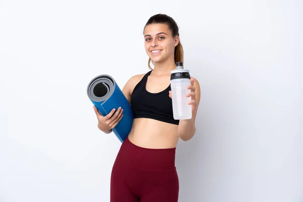 Adolescente Chica Deportiva Sobre Fondo Blanco Aislado Con Botella Agua —  Fotos de Stock