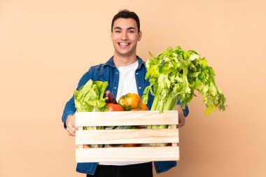Bej arka planda izole edilmiş bir kutuda taze sebze toplayan çiftçi.
