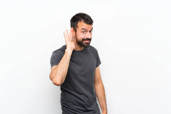Young Handsome Man Isolated White Background Listening Something Putting Hand — Stock Photo, Image