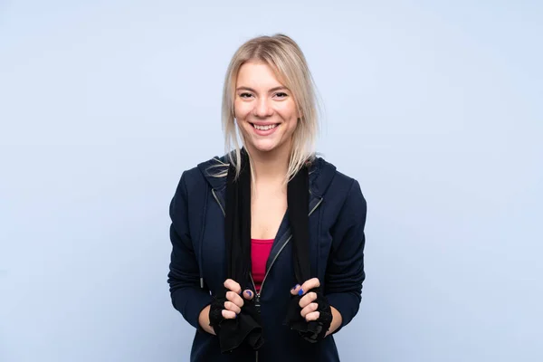 Young Sport Blonde Woman Isolated Blue Background Sport Towel — Stock Photo, Image