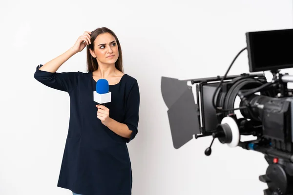 Reporter Woman Holding Microphone Reporting News Isolated White Background Having — Stock Photo, Image