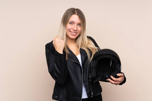 Young Blonde Woman Motorcycle Helmet Isolated Background Celebrating Victory — 스톡 사진