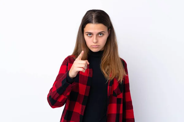 Adolescente Menina Sobre Isolado Fundo Branco Frustrado Apontando Para Frente — Fotografia de Stock
