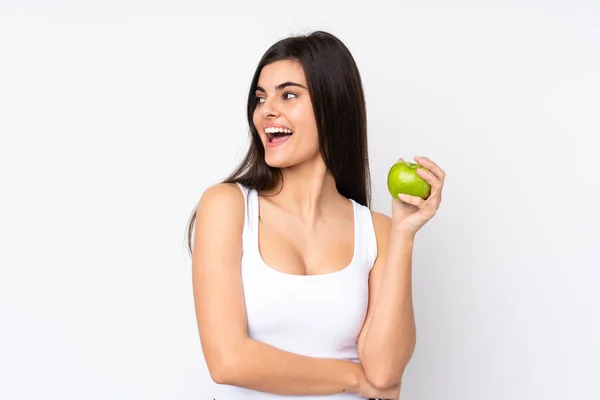 Young Woman Isolated White Background Apple Happy — Stock Photo, Image