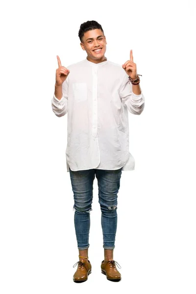 Full Length Shot Young Man Pointing Great Idea Isolated White — Stock Photo, Image