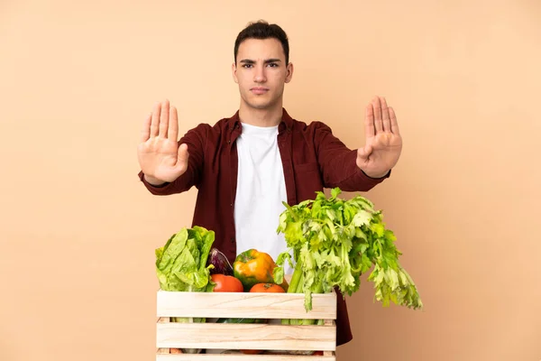 Agricultor Con Verduras Recién Recogidas Una Caja Aislada Sobre Fondo — Foto de Stock