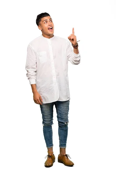 Full Length Shot Young Man Pointing Surprised Isolated White Background — Stock Photo, Image