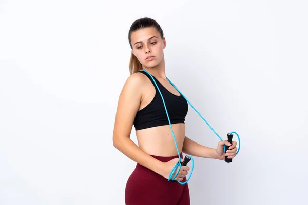 Teenager Sport Girl Isolated White Background Jumping Rope — Stockfoto