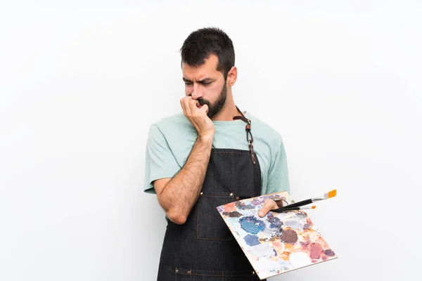 Joven Artista Sosteniendo Una Paleta Sobre Fondo Aislado Teniendo Dudas —  Fotos de Stock