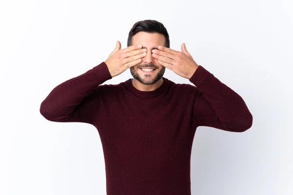 Jovem Homem Bonito Com Barba Sobre Fundo Branco Isolado Cobrindo — Fotografia de Stock