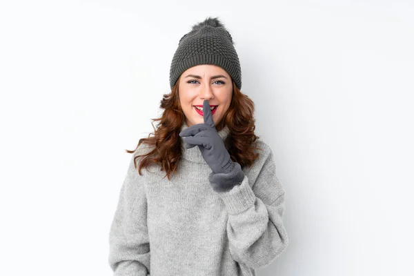 Young Russian Woman Winter Hat Isolated White Background Doing Silence — ストック写真