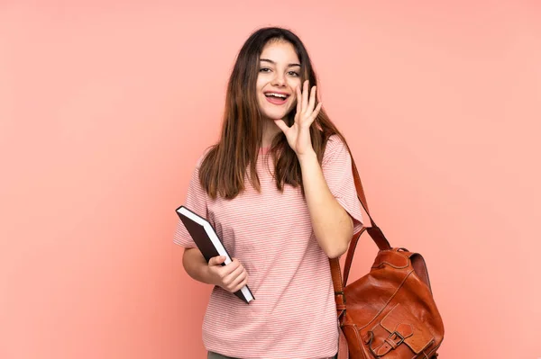 Junge Studentin Auf Dem Weg Zur Universität Vor Isoliertem Rosa — Stockfoto