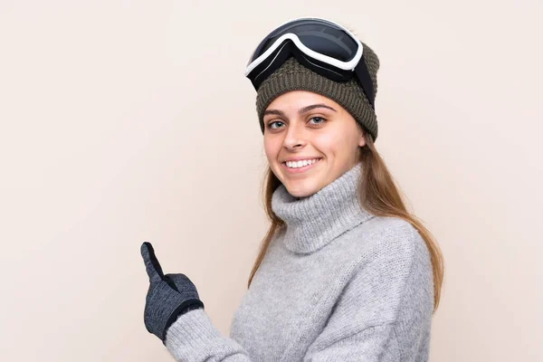 Teenager Skier Girl Snowboarding Glasses Isolated Background Pointing Side Present — 스톡 사진